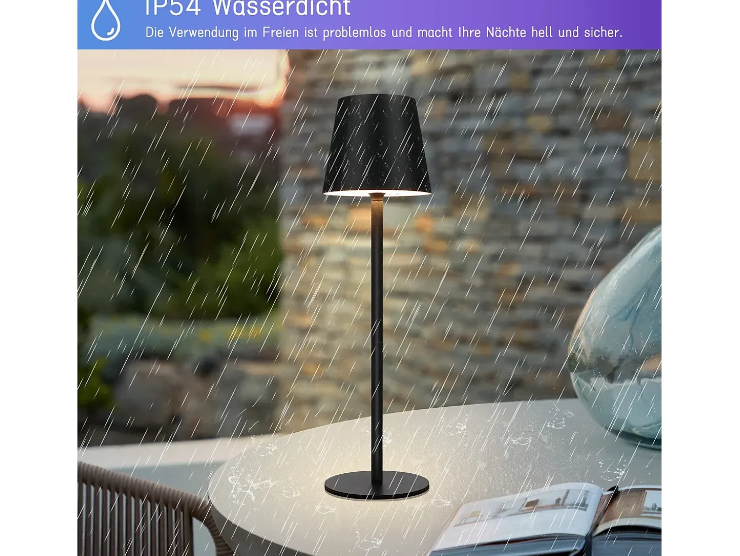 NETTLIFE Lámpara de cabecera con batería inalámbrica - LED RGB 2600 mhA Lámpara de mesa para exteriores Lámpara de batería USB TIPO C negra
