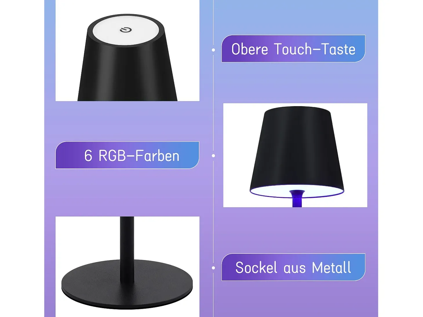 NETTLIFE Lámpara de cabecera con batería inalámbrica - LED RGB 2600 mhA Lámpara de mesa para exteriores Lámpara de batería USB TIPO C negra