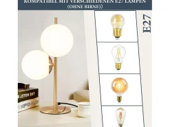 NETTLIFE lámpara de mesa / lámpara de cabecera moderna y industrial dorada, 2 bombillas con interruptor, diseño de metal y vidrio blanco, E27.