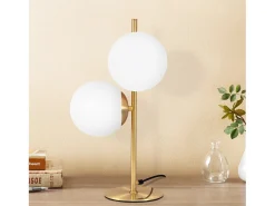 NETTLIFE lámpara de mesa / lámpara de cabecera moderna y industrial dorada, 2 bombillas con interruptor, diseño de metal y vidrio blanco, E27.