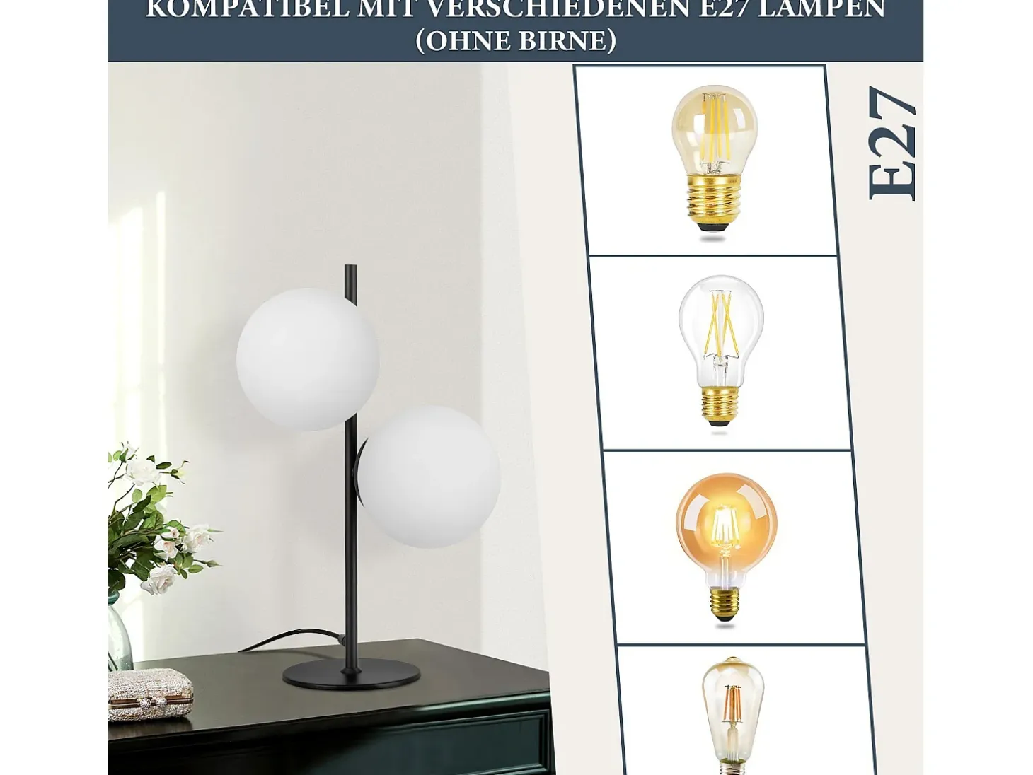 NETTLIFE Lámpara de Mesa / Lámpara de Cabecera Negra para Salón, E27, Diseño Moderno, Vidrio Industrial Vintage, Metal, 2 Bombillas
