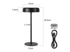 NETTLIFE Lámpara de mesa con batería solar lámpara de noche LED inalámbrica recargable de 3600 mhA táctil regulable lámpara negra con batería USB