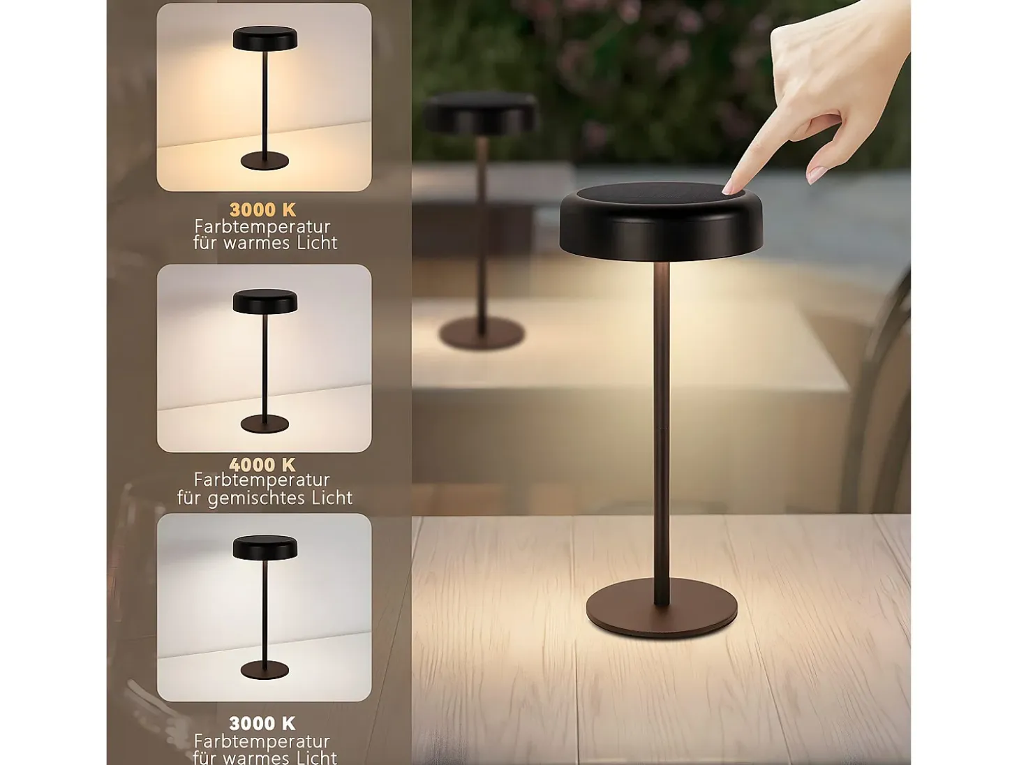 NETTLIFE Lámpara de mesa con batería solar lámpara de noche LED inalámbrica recargable de 3600 mhA táctil regulable lámpara negra con batería USB