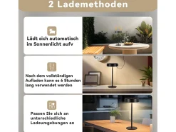 NETTLIFE Lámpara de mesa con batería solar lámpara de noche LED inalámbrica recargable de 3600 mhA táctil regulable lámpara negra con batería USB