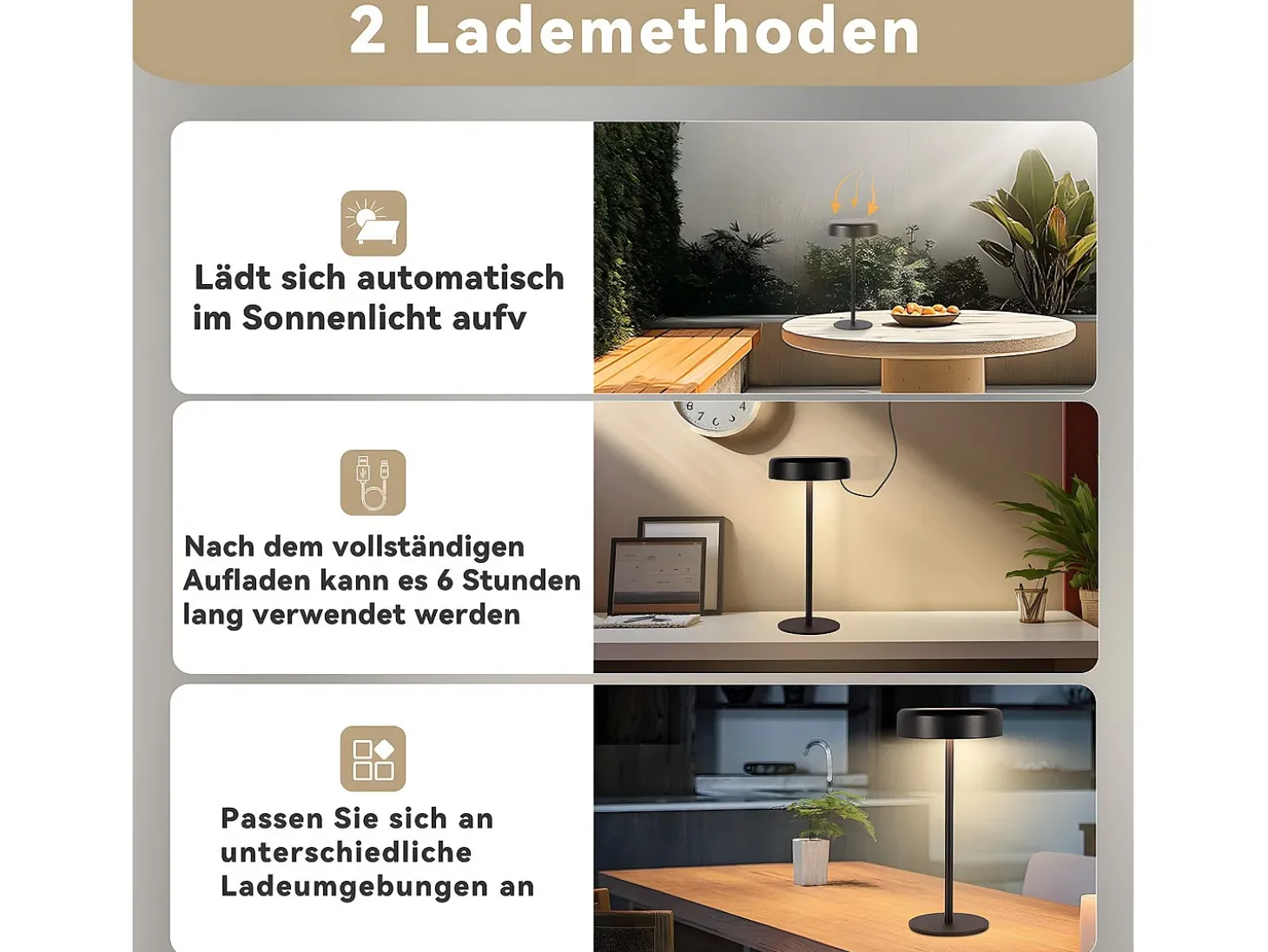 NETTLIFE Lámpara de mesa con batería solar lámpara de noche LED inalámbrica recargable de 3600 mhA táctil regulable lámpara negra con batería USB