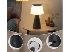 NETTLIFE Lámpara de mesa con batería solar, lámpara de noche LED inalámbrica, 3600 mhA, recargable, táctil, regulable, lámpara negra con batería USB
