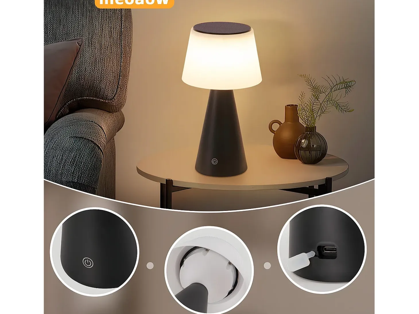 NETTLIFE Lámpara de mesa con batería solar, lámpara de noche LED inalámbrica, 3600 mhA, recargable, táctil, regulable, lámpara negra con batería USB