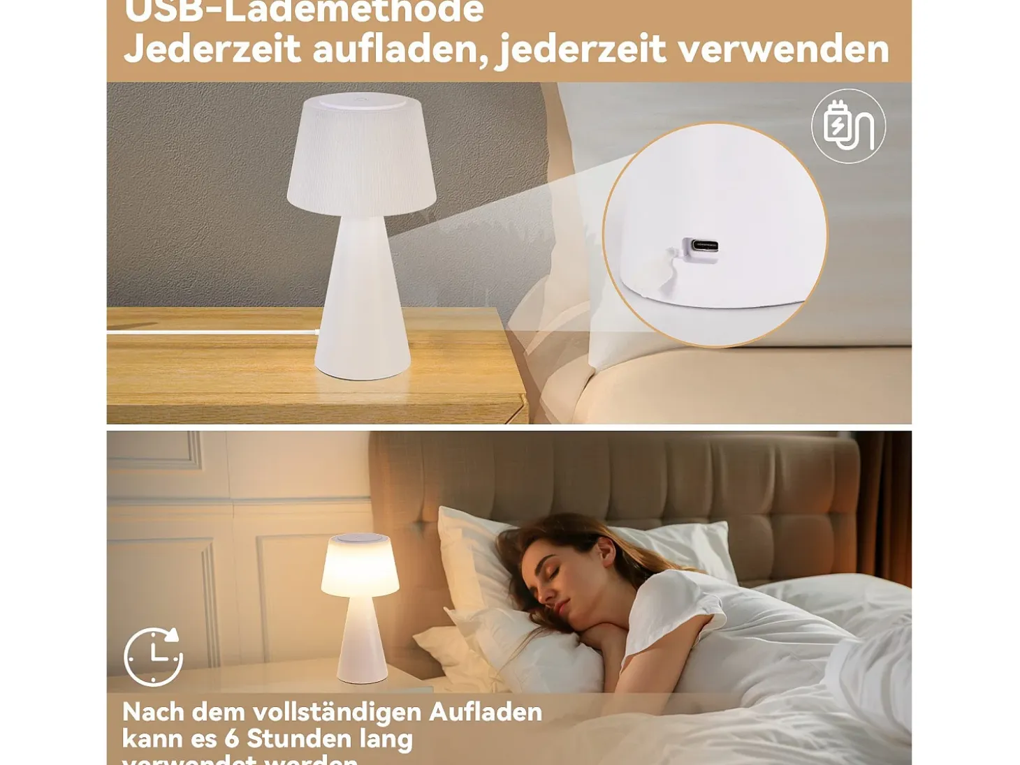 NETTLIFE Lámpara de mesa con batería, lámpara de noche LED - 3600 mhA inalámbrica, lámpara táctil regulable con batería blanca recargable por USB