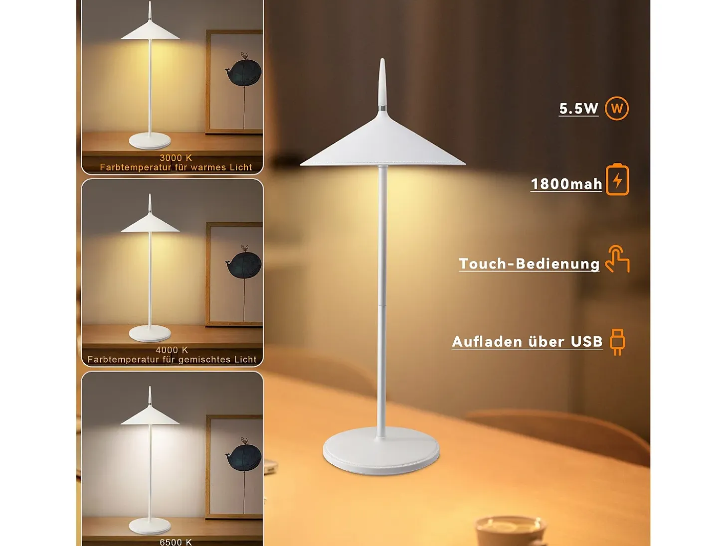 NETTLIFE Lámpara de mesa con batería lámpara de noche inalámbrica LED 1800mhA recargable táctil regulable moderna blancapara exterior IP44
