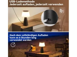 NETTLIFE Lámpara de mesa con batería, lámpara de noche LED inalámbrica de 3600 mhA, lámpara táctil regulable con batería negra recargable por USB