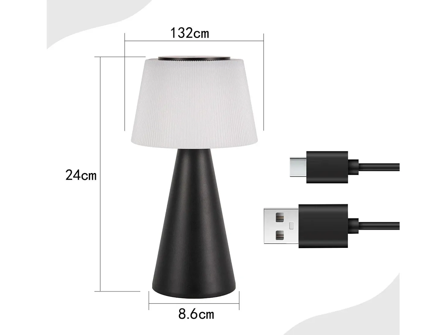 NETTLIFE Lámpara de mesa con batería, lámpara de noche LED inalámbrica de 3600 mhA, lámpara táctil regulable con batería negra recargable por USB