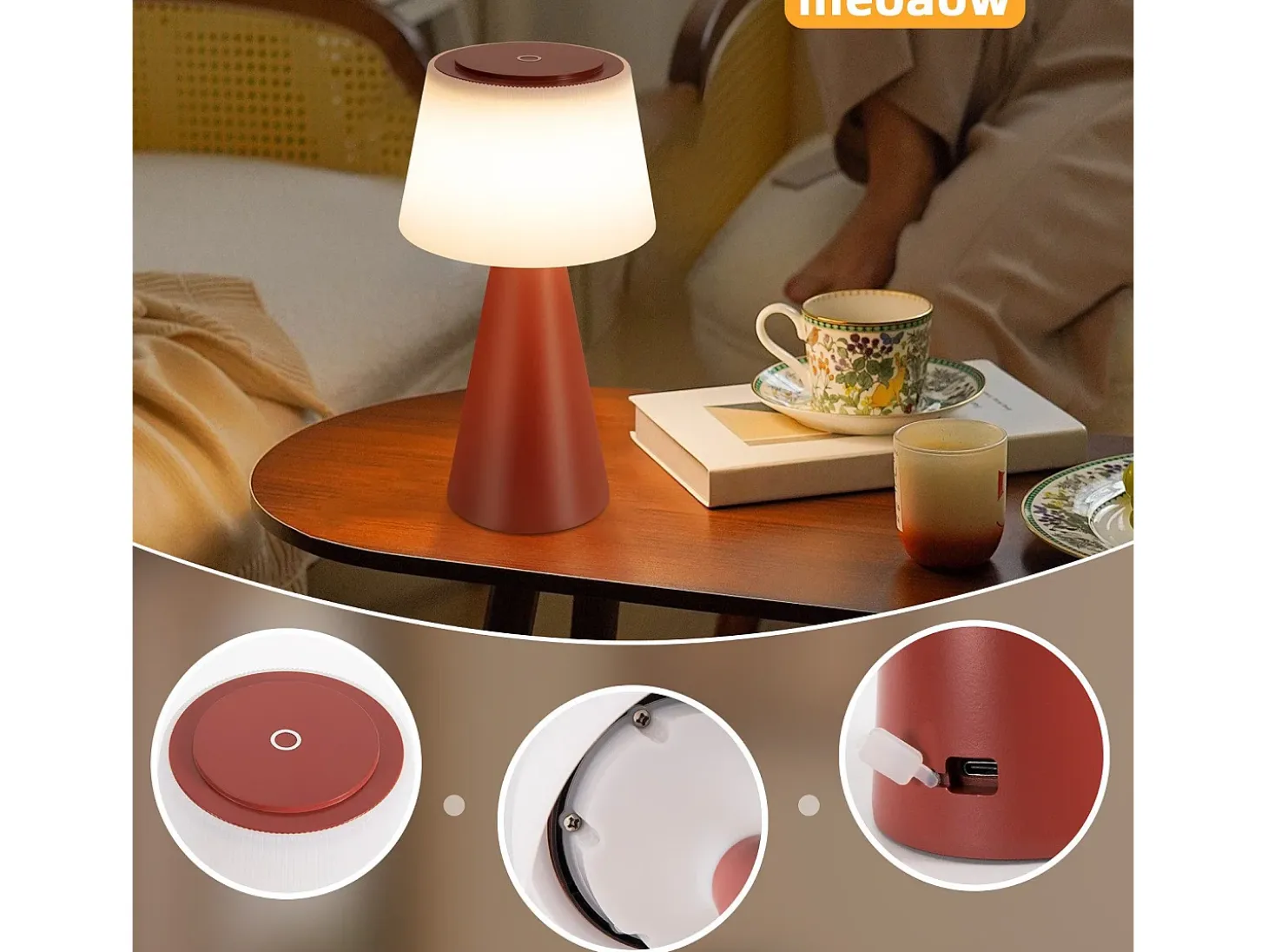 NETTLIFE Lámpara de mesa con batería, lámpara de noche LED inalámbrica de 3600 mhA, lámpara táctil regulable con batería roja recargable por USB