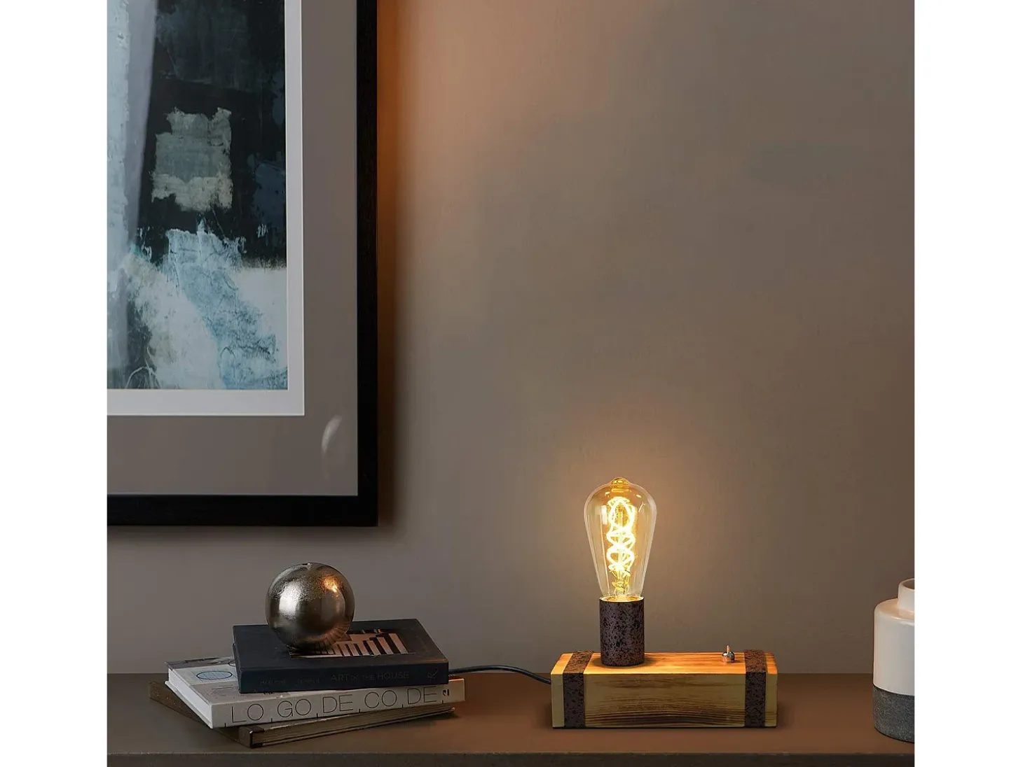 NETTLIFE Lámpara de Mesa de Madera Vintage Lámpara de Noche Retro E27 Lámpara de Noche Industrial de 20 CM con Enchufe - Sin Bombillas