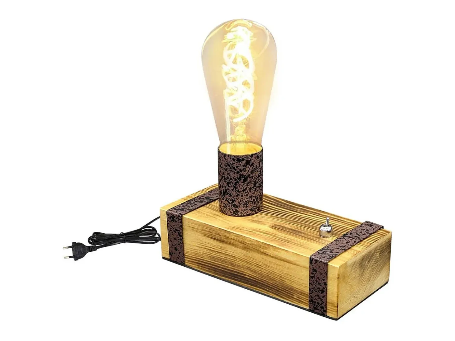 NETTLIFE Lámpara de Mesa de Madera Vintage Lámpara de Noche Retro E27 Lámpara de Noche Industrial de 20 CM con Enchufe - Sin Bombillas