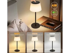NETTLIFE Lámpara de mesa inalámbrica, lámpara de noche, batería - Lámpara de mesa LED táctil, lámpara regulable con USB recargable, negra, 3600 mhA