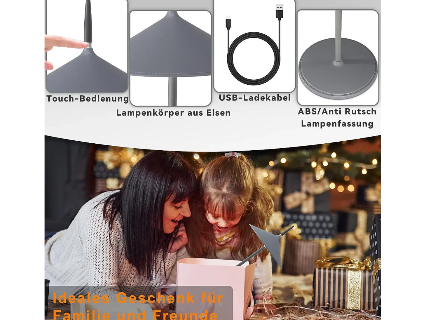 NETTLIFE Lámpara de mesa inalámbrica, lámpara de noche LED con batería de 1800 mhA, recargable, táctil, regulable, moderna, IP44 con USB