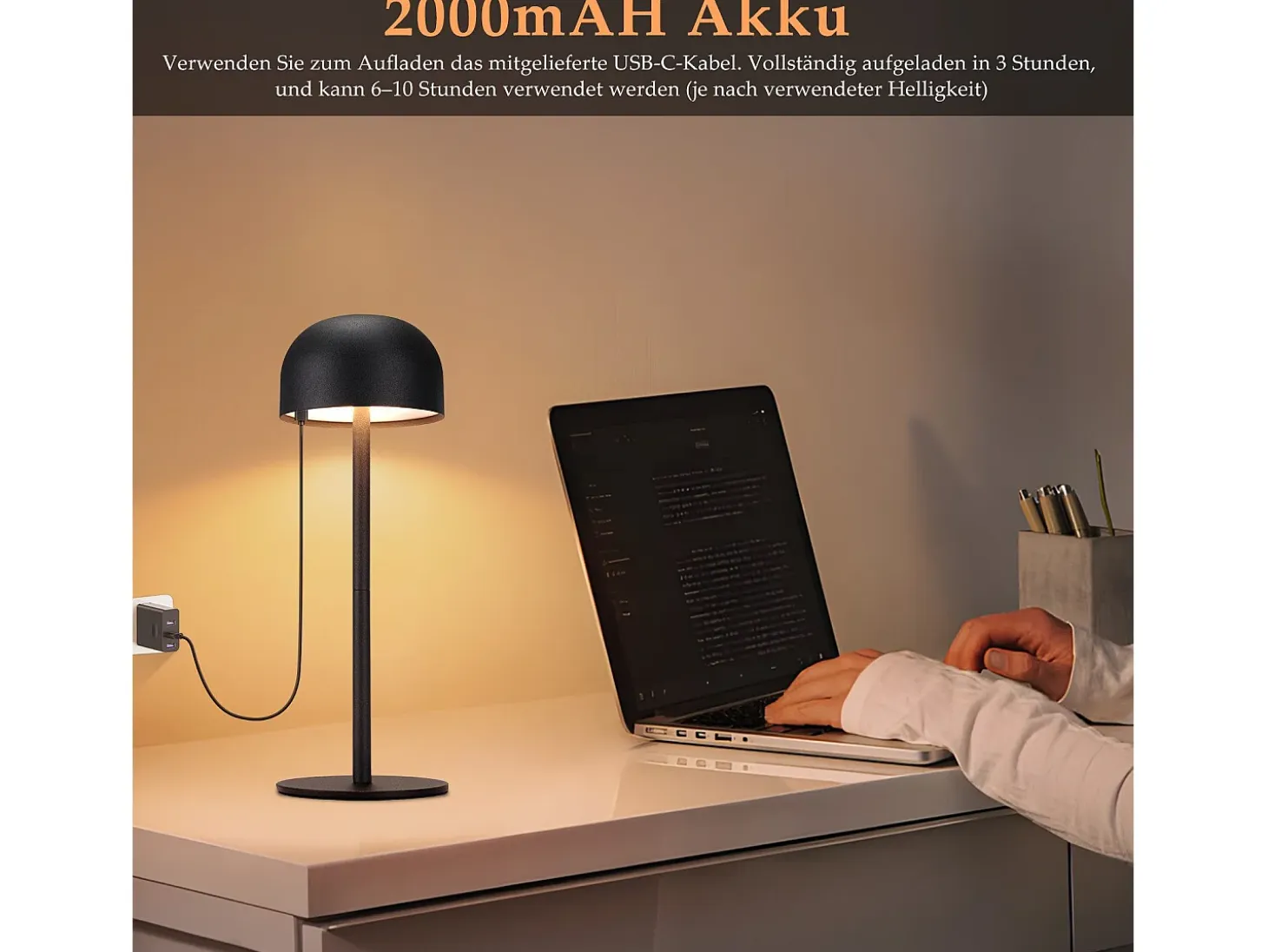 NETTLIFE Lámpara de mesa LED inalámbrica: lámpara de mesa regulable táctil con 3 temperaturas de color USB