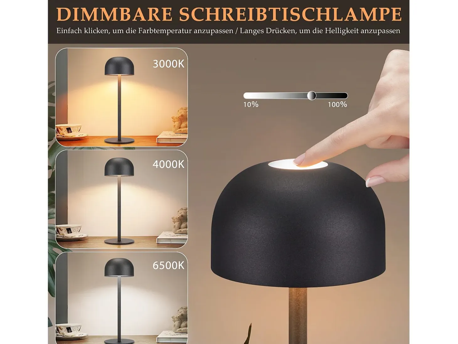 NETTLIFE Lámpara de mesa LED inalámbrica: lámpara de mesa regulable táctil con 3 temperaturas de color USB