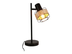 NETTLIFE lámpara de mesa, lámpara de cabecera vintage, lámpara retro para salón, negro, en rattan y metal, E27.