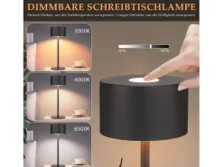 NETTLIFE Lámpara de mesa LED inalámbrica: lámpara de mesa regulable táctil con 3 temperaturas de color, altura ajustable, USB