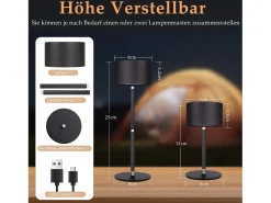 NETTLIFE Lámpara de mesa LED inalámbrica (paquete de 2): lámpara de mesa regulable al tacto con 3 temperaturas de color, altura ajustable, USB