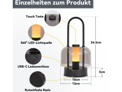NETTLIFE Lámpara de mesa LED portátil Nettlife, lámpara de noche inalámbrica, regulable (1800 K-6500 K), con memoria, recargable por USB-C,color negro