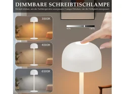 NETTLIFE Lámpara de mesa LED inalámbrica: lámpara de mesa regulable táctil con 3 temperaturas de color USB