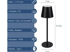 NETTLIFE lámpara de mesa nocturna inalámbrica, LED con 2600 mAh, lámpara de mesa recargable utilizable externamente, sensible al tacto, negra, con USB.