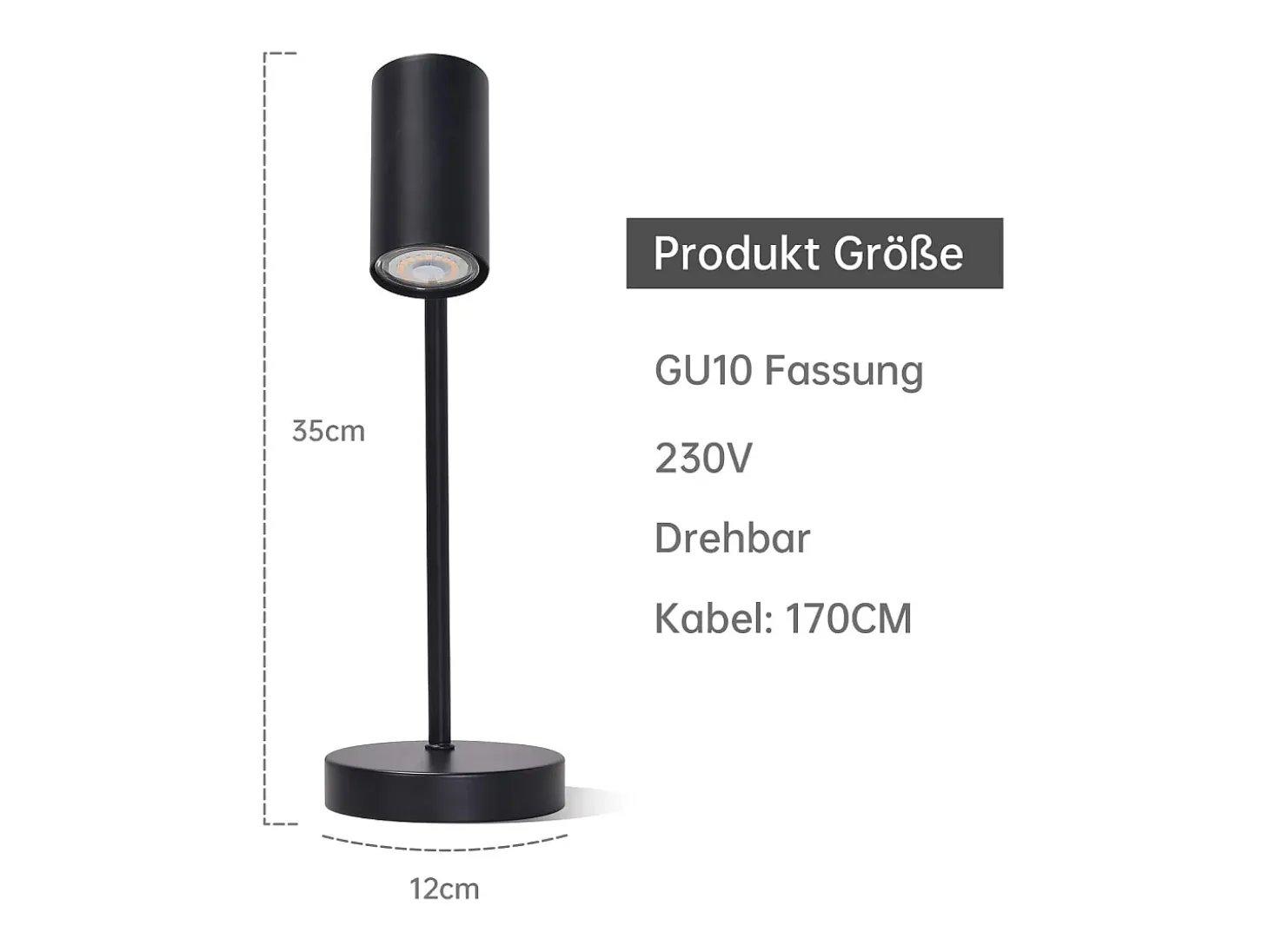 NETTLIFE lámpara de mesilla, lámpara de mesa negra, salón giratoria 350° GU10, metal, oficina.