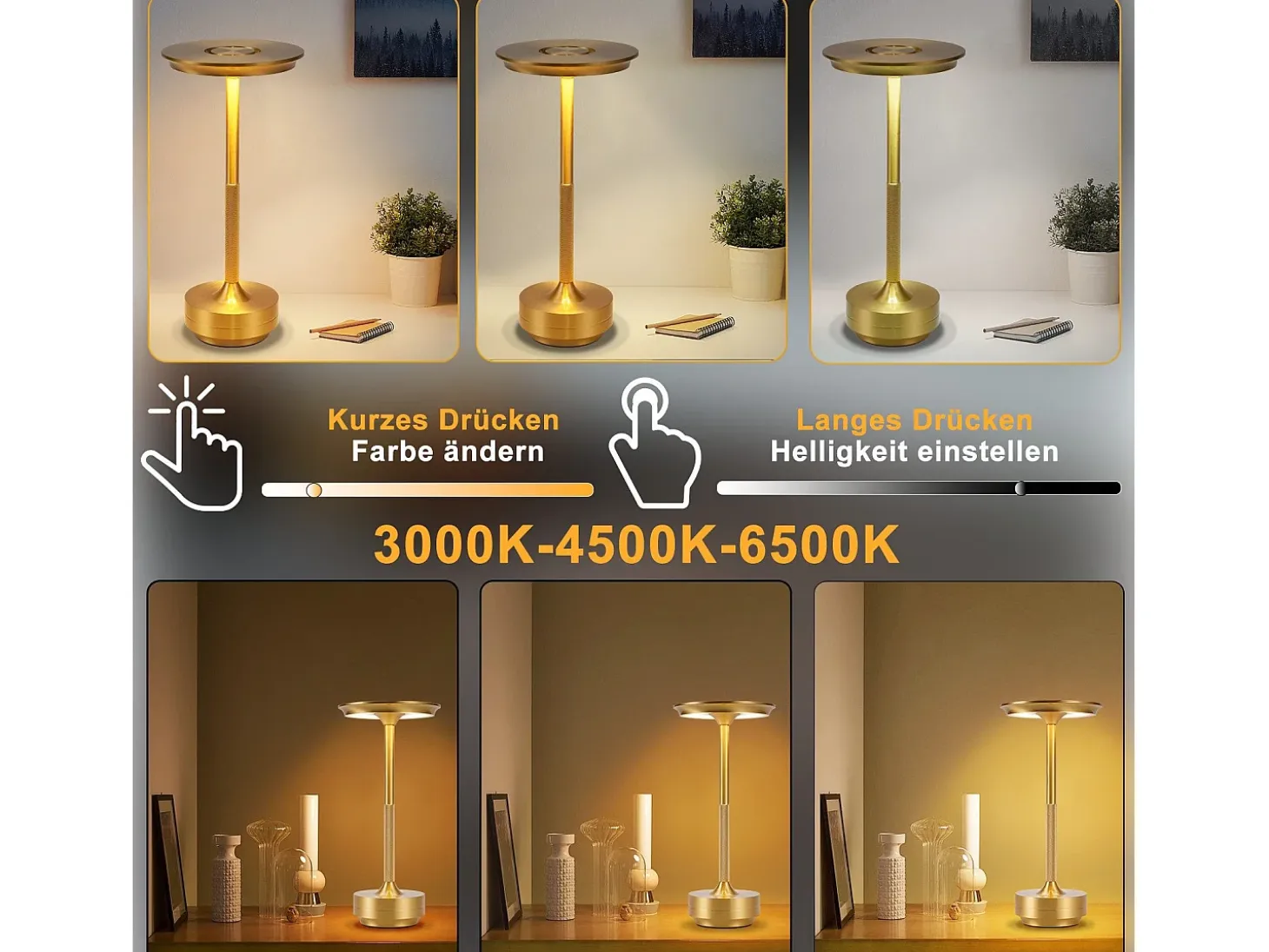 NETTLIFE Lámpara de noche, lámpara de mesa inalámbrica, batería - Lámpara de mesa LED táctil regulable con batería recargable por USB