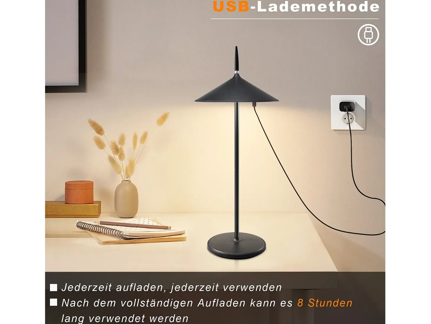 NETTLIFE Lámpara de noche inalámbrica, paquete de 2 LED táctil negra regulable 1800 mhA, recargable con USB, LED integrado permanentemente, IP44