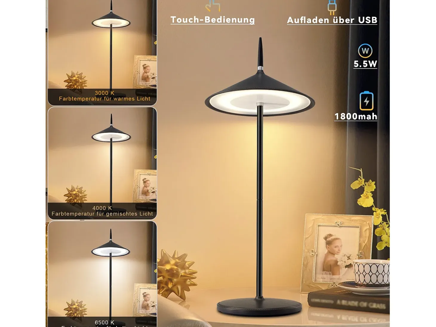 NETTLIFE Lámpara de noche inalámbrica, paquete de 2 LED táctil negra regulable 1800 mhA, recargable con USB, LED integrado permanentemente, IP44
