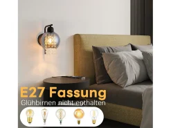 NETTLIFE Lámpara de pared de vidrio gris ahumado con bola de cristal E27 para dormitorio, lámpara de interior moderna para pasillo