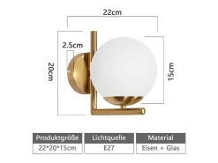 NETTLIFE Lámpara de pared vintage con bola de cristal dorado E27, lámpara de pared para interiores, escalera para dormitorio