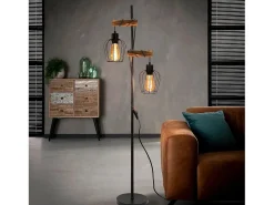 NETTLIFE Lámpara de pie de salón vintage, en madera con 2 llamas en diseño industrial de metal interruptor negro E27 - altura: 151 cm - sin bombilla