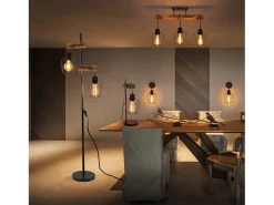 NETTLIFE Lámpara de pie de salón vintage, en madera con 2 llamas en diseño industrial de metal interruptor negro E27 - altura: 151 cm - sin bombilla