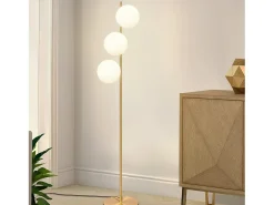 NETTLIFE Lámpara de pie moderna -para sala de estar E27 Lámpara de 3 llamas con diseño dorado de pie industrial de vidrio y metal blanco