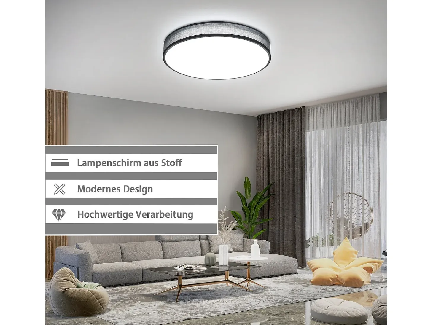 NETTLIFE Lámpara de Techo LED Gris 38W Redonda Moderna Regulable con Control Remoto Lámpara de Dormitorio con Pantalla de Tela Lámpara de para