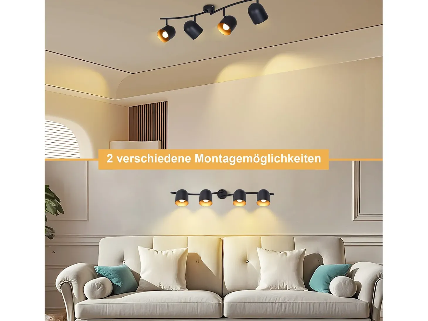 NETTLIFE Lámpara de techo E14, foco industrial de techo negro dorado, orientable y giratorio 350°