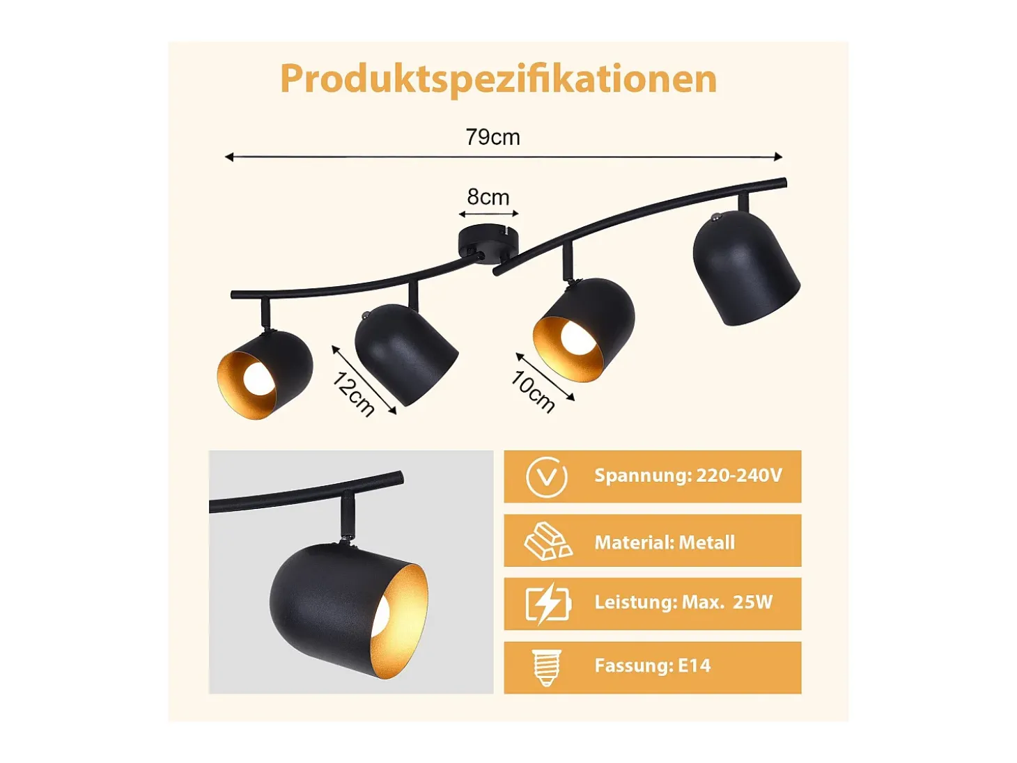 NETTLIFE Lámpara de techo E14, foco industrial de techo negro dorado, orientable y giratorio 350°