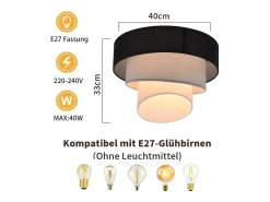 NETTLIFE Lámpara de techo para salón, pantalla de tela, Ø40cm, blanco cálido, E27, moderna, color negro