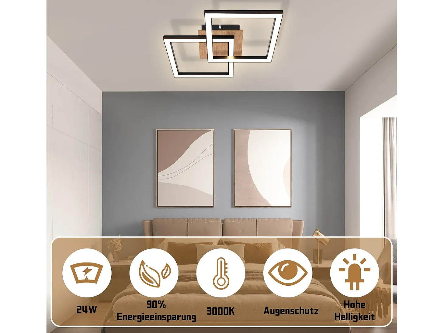 NETTLIFE Lámpara de techo LED negra de madera, 3000K, luz blanca cálida, diseño moderno, 24W