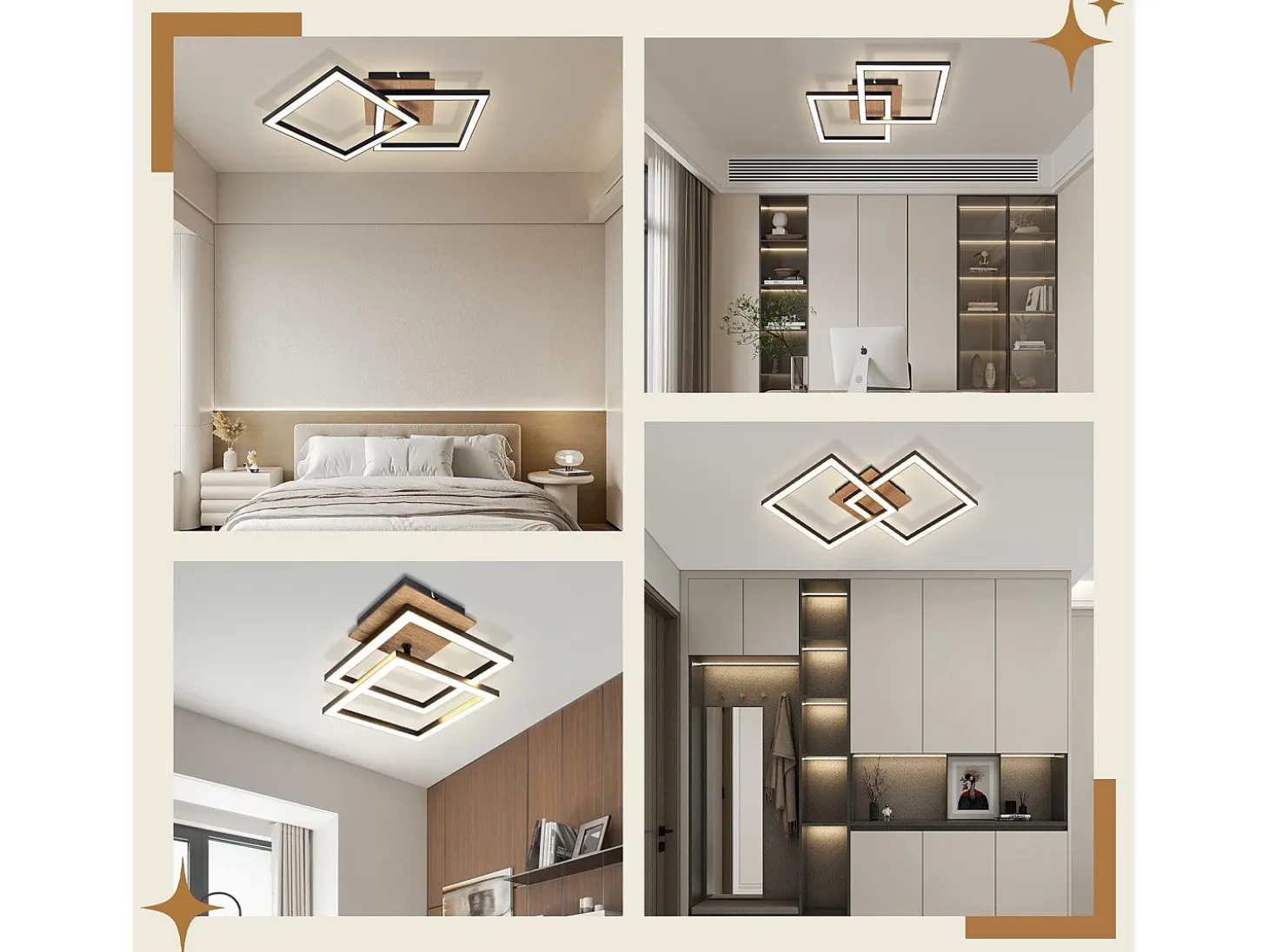 NETTLIFE Lámpara de techo LED negra de madera, 3000K, luz blanca cálida, diseño moderno, 24W