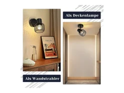 NETTLIFE Lámpara de Techo Foco Lámpara de Pasillo Vintage de Metal Negro Giratoria 330° Interior para Habitación Infantil Sala de Estar Dormitorio 40W