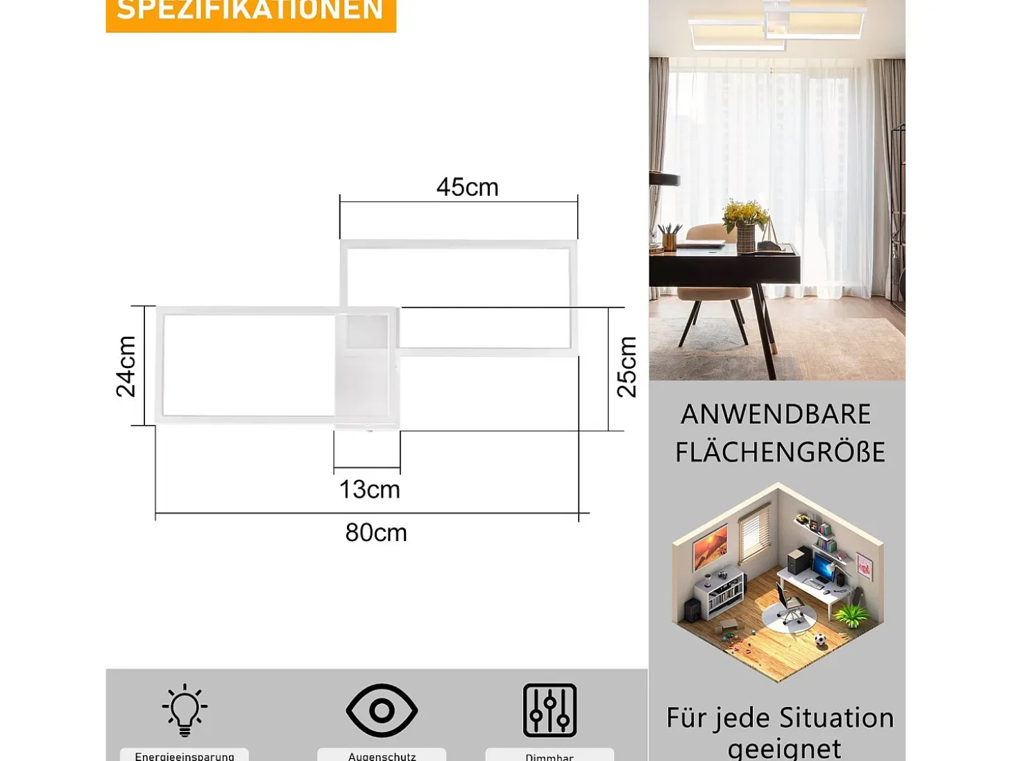 NETTLIFE Lámpara de Techo LED Metal Blanco 48W 80CM Lámpara de Salón Moderna Regulable con Diseño Rectangular para Dormitorio Infantil