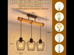NETTLIFE Lámpara de techo vintage de madera para sala de estar: Lámpara de metal de diseño industrial negro para sala de estar E27, bombilla no incluida