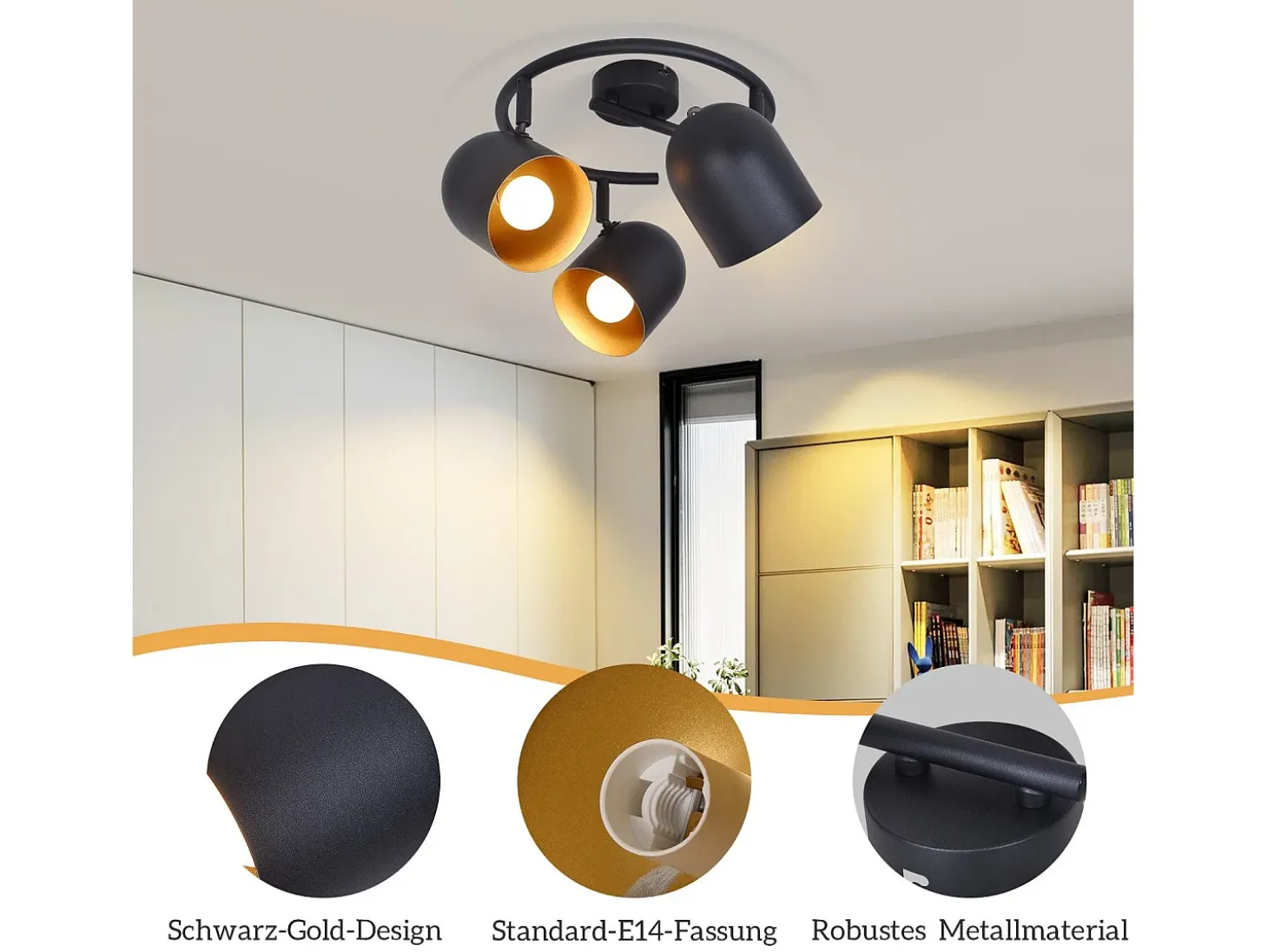 NETTLIFE Lámpara de techo E14 negro dorado vintage foco de techo orientable sin bombilla 350° orientable