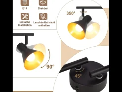 NETTLIFE Lámpara de Techo de 3 Puntos Salón Cocina Negra E14 Vintage Giratoria 330° Metal Industrial para Dormitorio Pasillo