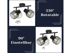NETTLIFE Lámpara de techo 2 focos E27 Máx. 25W Vintage 2 Bombillas - Foco Interior Giratorio 330° de Metal Negro para Salón Sin Bombilla