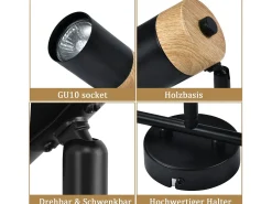 NETTLIFE Lámpara de techo con 3 focos de madera GU10 negros, orientable 330° para salón, dormitorio, cocina, habitación infantil sin bombilla